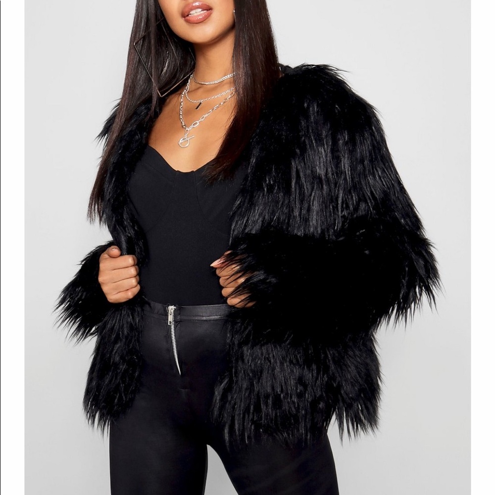 Black shag faux fur coat